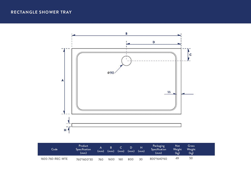 1600X760 Shower Tray