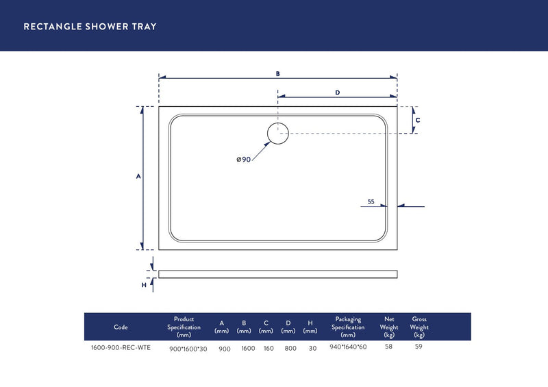 1600X900 Shower Tray