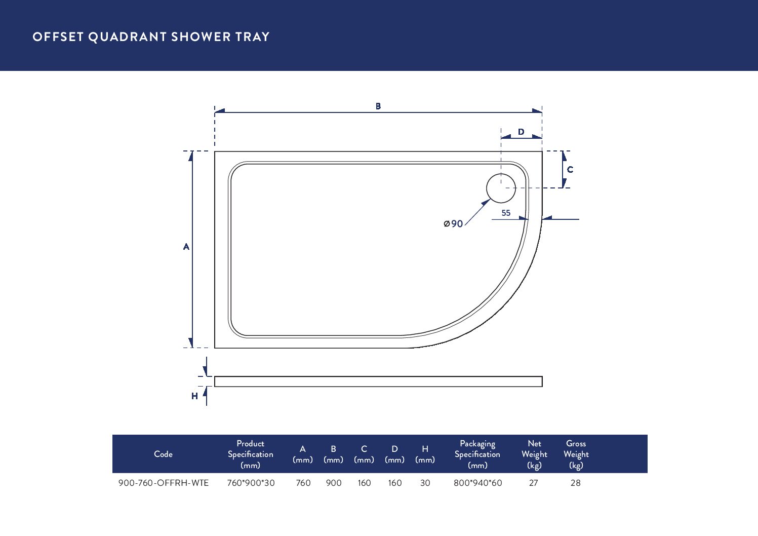 900X760 Offset Quadrant Tray (Right Hand)