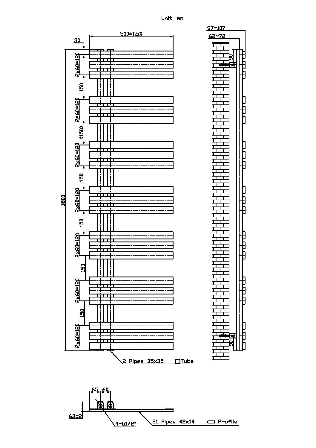 Lizz 500X1800 Chrome Towel Rail