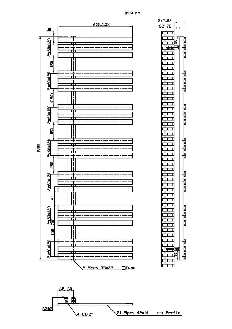 Lizz 600X1800 Carbon Anthracite Towel Rail