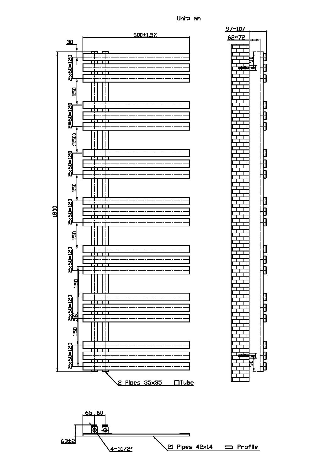 Lizz 600X1800 Chrome Towel Rail