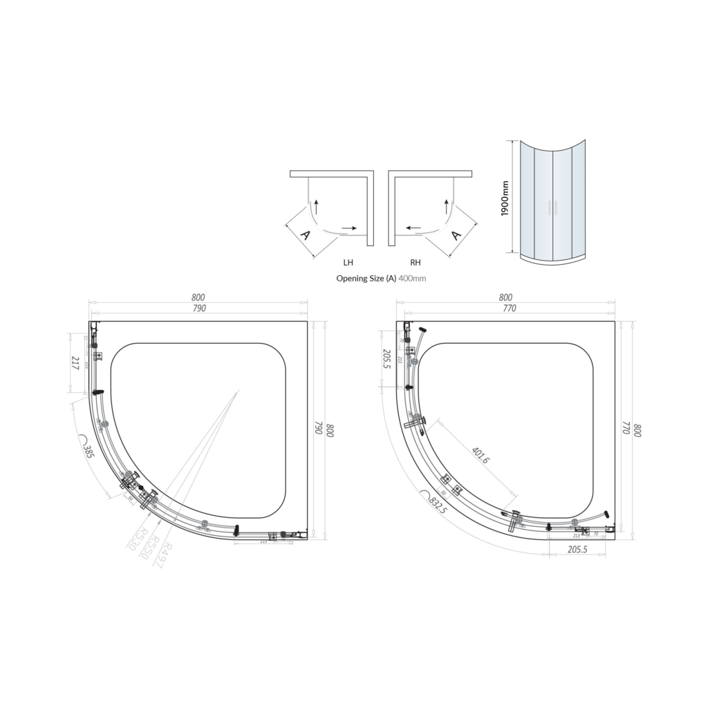 800X800 2-Door Quadrant Enclsoure Brass