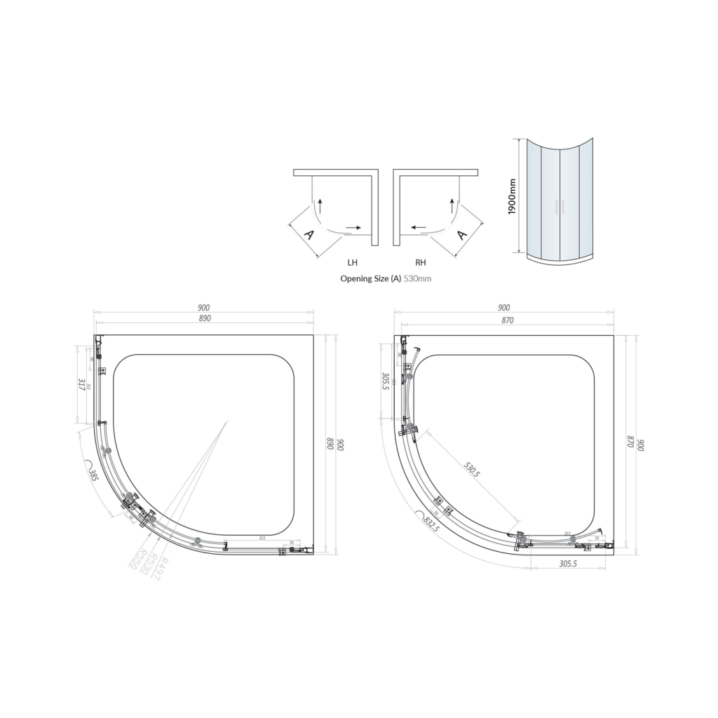 900X900 2-Door Quadrant Enclosure Brass