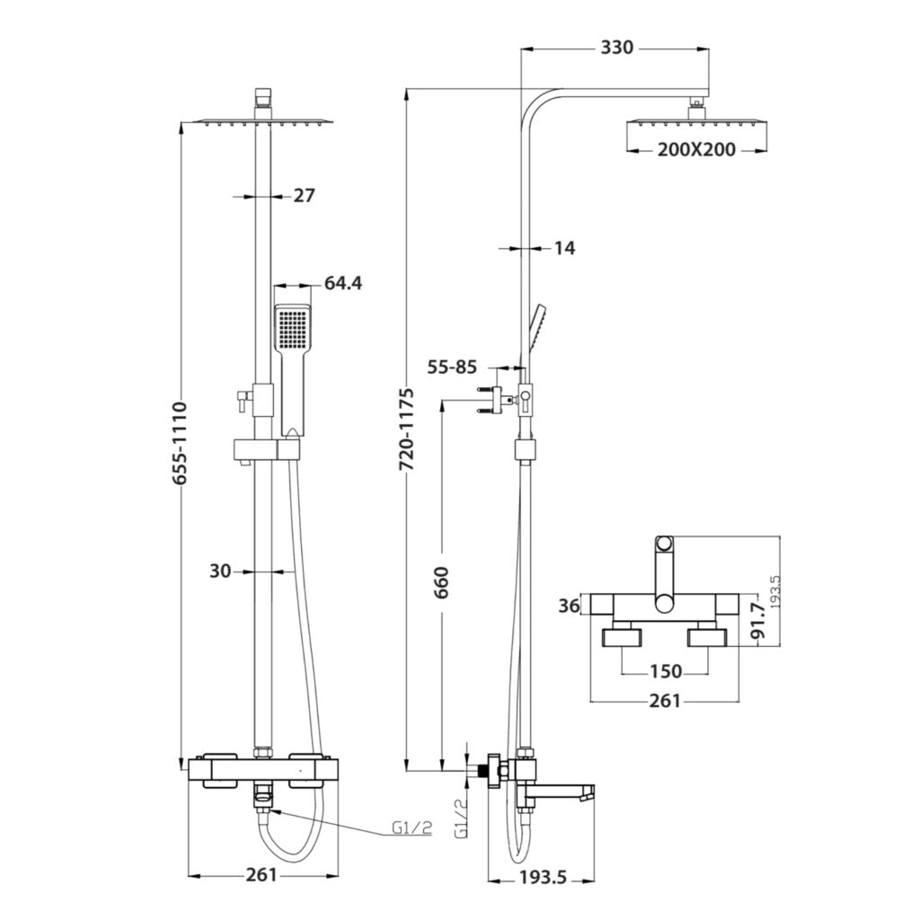 Enzo Square Rigid Riser Shower With Bath Filler