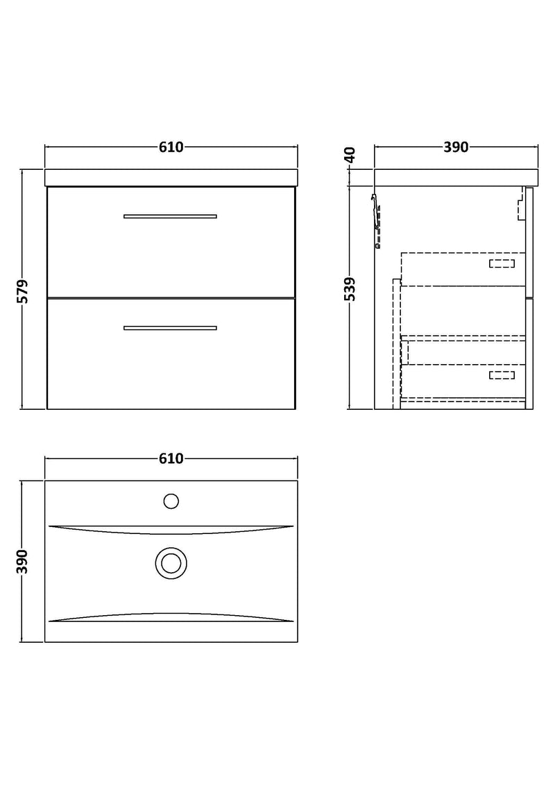 Arko 600mm Wall Hung 2-Drawer Vanity