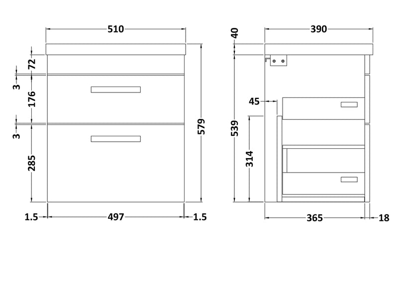 Reina 500mm Wall Hung 2-Drawer Vanity