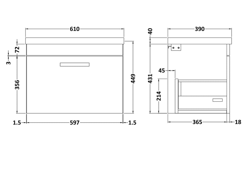 Reina 600mm Wall Hung 1-Drawer Vanity