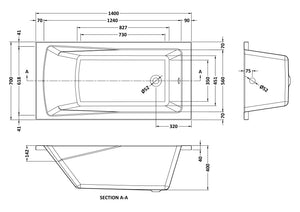 Square 1400mmx700mm Single Ended Bath