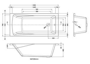 Square 1500mmx700mm Single Ended Bath