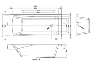 Square 1600mmx700mm Single Ended Bath