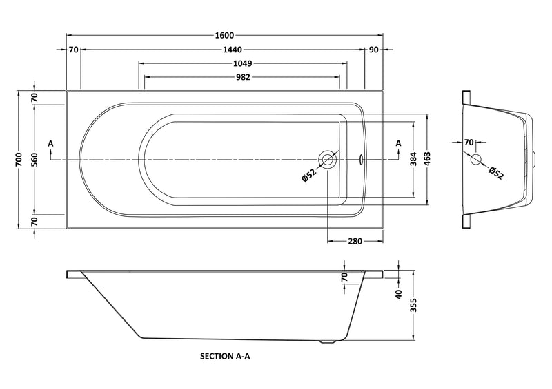 Round 1600mmx700mm Standard Single Ended Bath