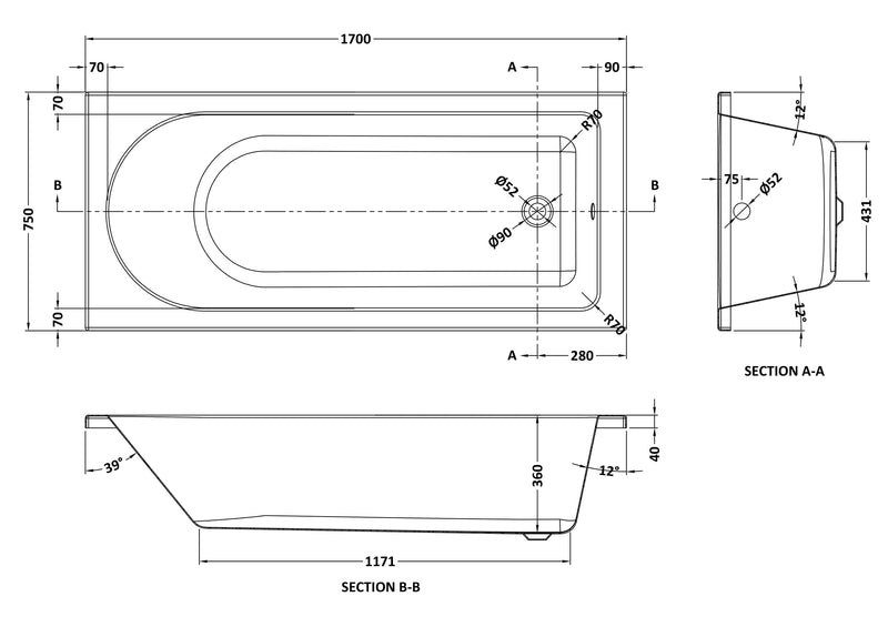 Round 1700mmx750mm Standard Single Ended Bath
