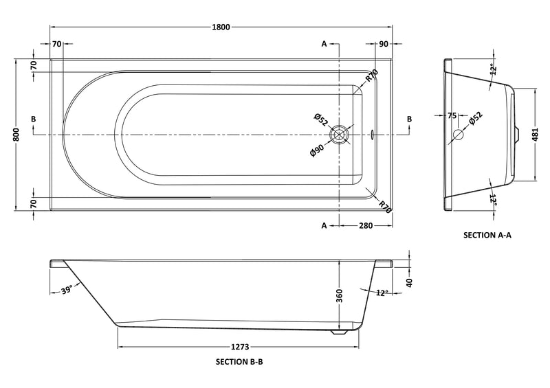 Round 1800mmx800mm Standard Single Ended Bath