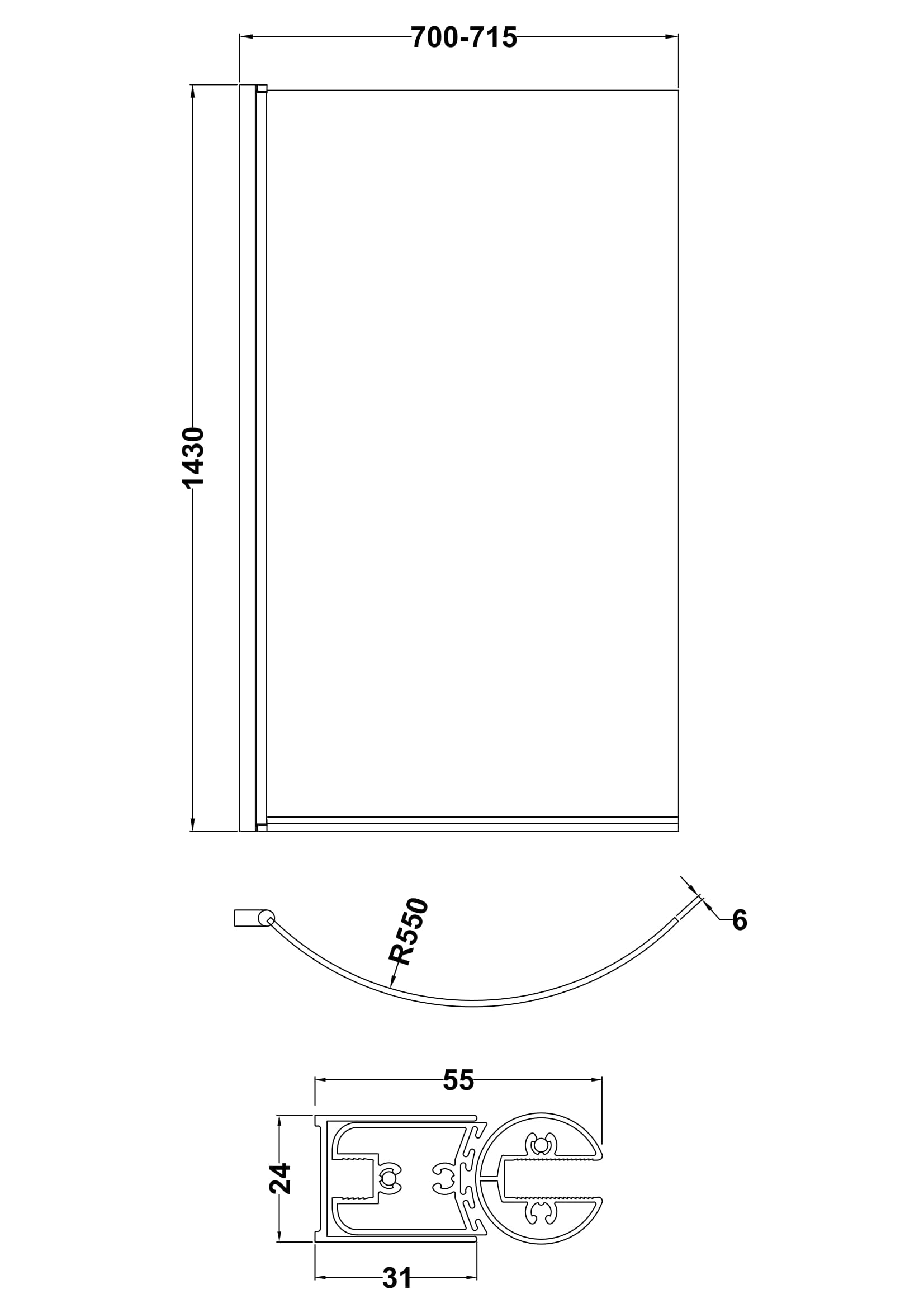 Black P-Bath Curved Hinged Shower Bath Screen