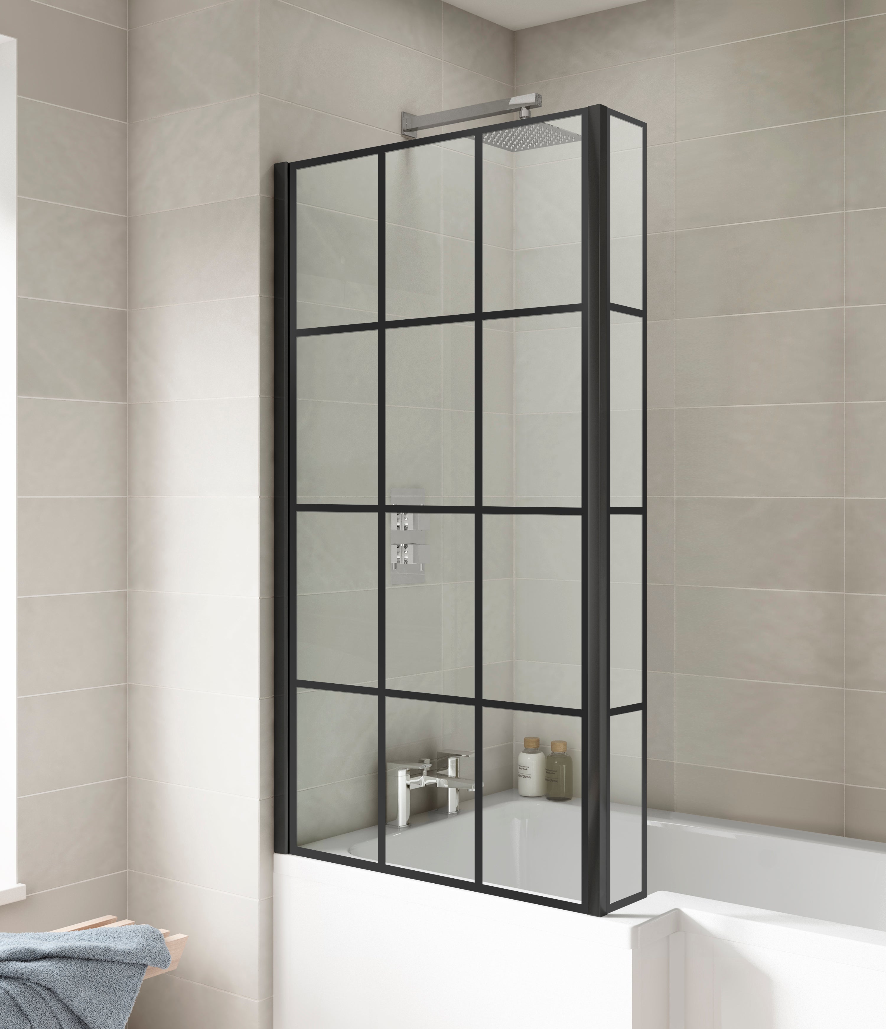 Square Black Framed Bath Screen With Fixed Return