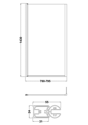 Black Square Bath Screen With Fixed Return