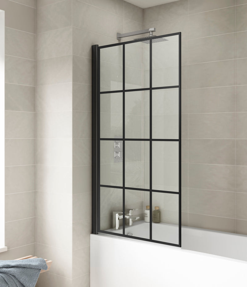 Square Hinged Bath Screen Black Grid