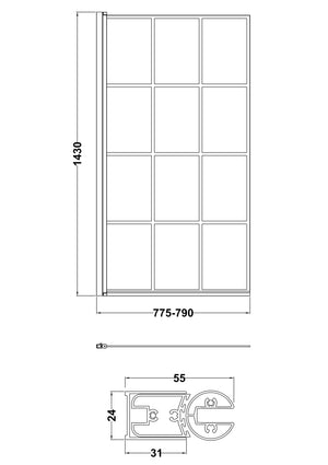 Square Hinged Bath Screen Black Grid